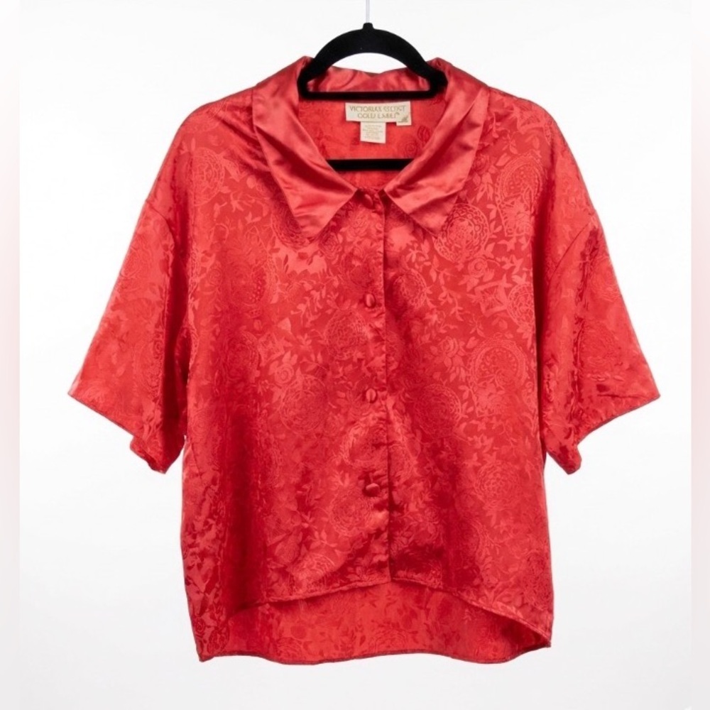 Vintage Victoria's Secret Gold Label Red Satin Jacquard Sleep Shirt Pajama Top M